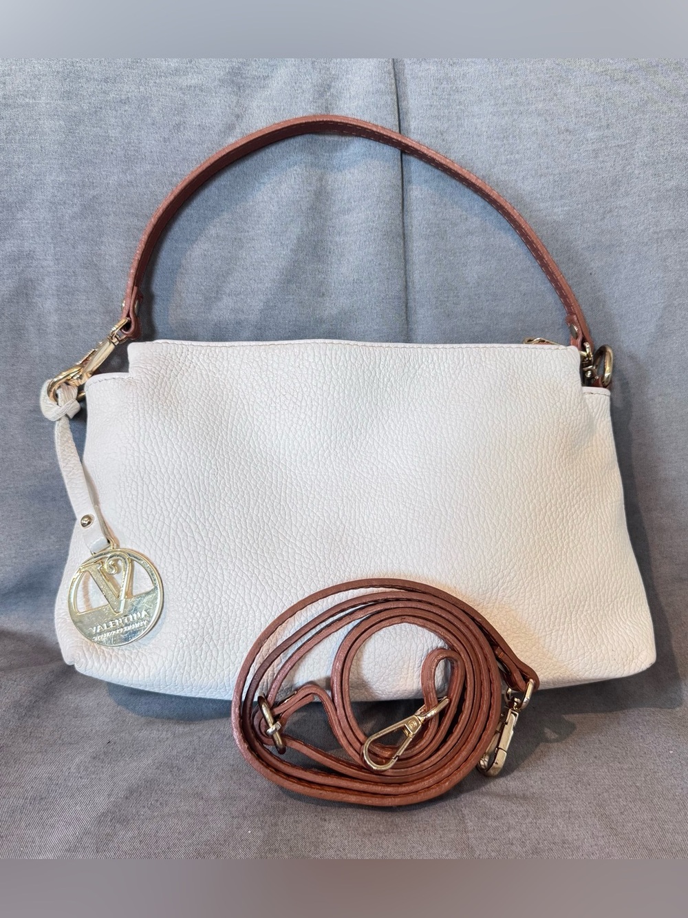 Valentina Tradizione Italiana Pebbled Leather White Crossbody Shoulder Bag